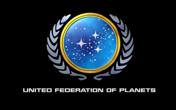 An HD desktop wallpaper featuring the emblem of the United Federation of Planets from Star Trek, set against a sleek black background.