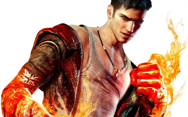 HD desktop wallpaper of DmC: Devil May Cry featuring a character with a fiery demonic arm, posed for action.