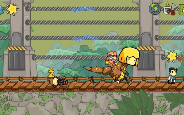 HD desktop wallpaper from Scribblenauts Unlimited featuring a character riding a dinosaur with whimsical objects and characters around.