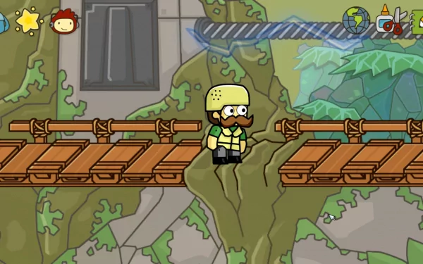 HD desktop wallpaper featuring a Scribblenauts Unlimited character on a bridge with game's whimsical art style background.