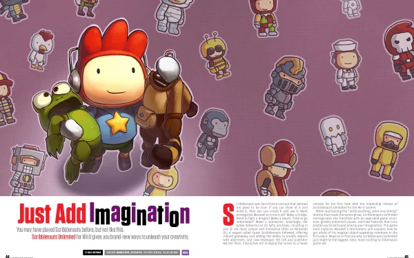 HD desktop wallpaper featuring characters from Scribblenauts Unlimited with a Just Add Imagination slogan.