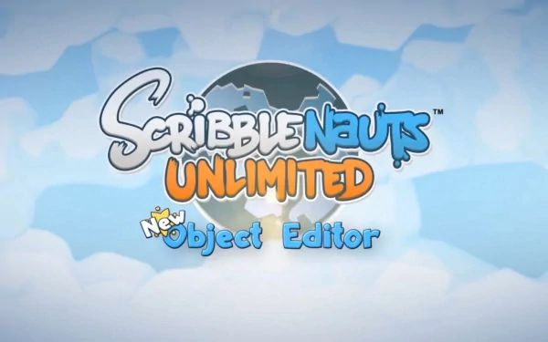 HD desktop wallpaper featuring the logo for Scribblenauts Unlimited with a New Object Editor tag, set against a whimsical cloud background.