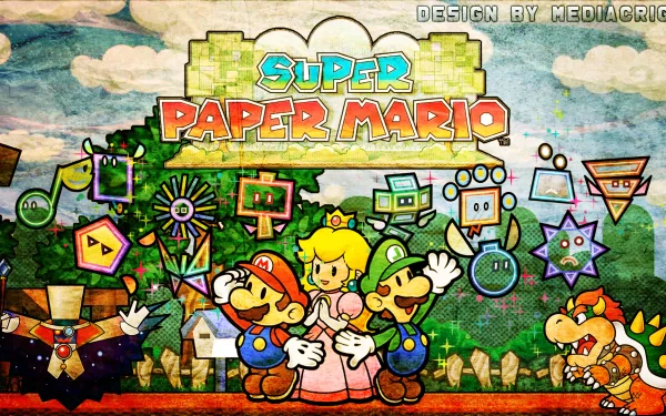 HD desktop wallpaper featuring Super Paper Mario with vibrant art of Mario, Peach, and Bowser against a stylized background.