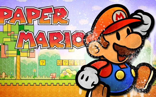 HD desktop wallpaper of Super Paper Mario featuring a stylized Mario in a vibrant, pixelated game world backdrop.