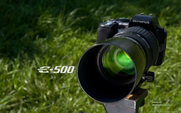 A close-up HD desktop wallpaper of an Olympus E-500 camera set against a blurred green natural background, highlighting man-made photography equipment.
