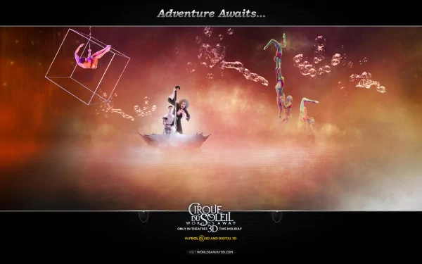 Surreal Cirque du Soleil: Worlds Away movie HD desktop wallpaper — acrobats float through dreamlike clouds and light, a cello in a small boat beneath the Adventure Awaits... banner.