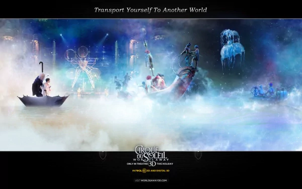 HD PC desktop wallpaper for the Cirque du Soleil movie Worlds Away: ethereal performers drift through mist with a floating umbrella, jellyfish-like lights and a dreamlike blue stage.