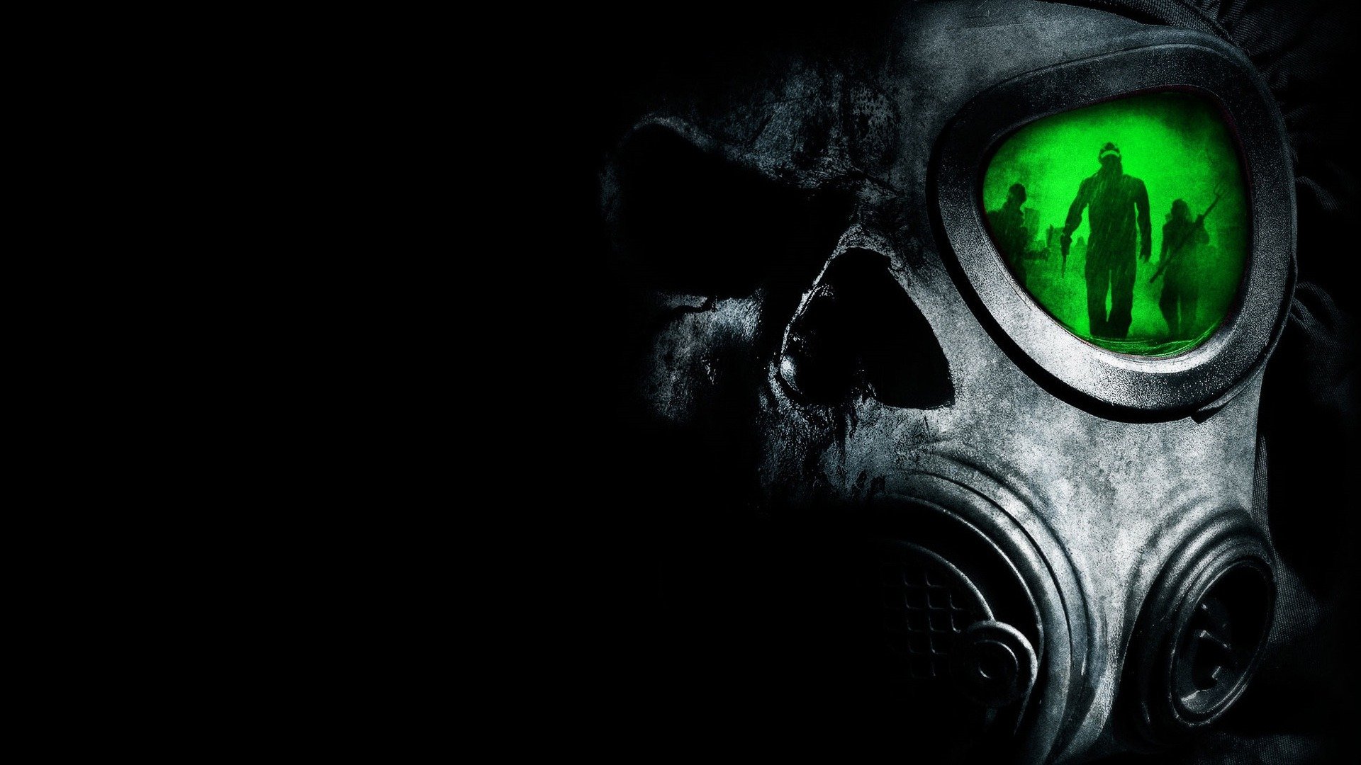 HD PC desktop wallpaper and background for the movie The Crazies: close-up of a weathered gas-mask skull with a green visor reflecting silhouetted figures.