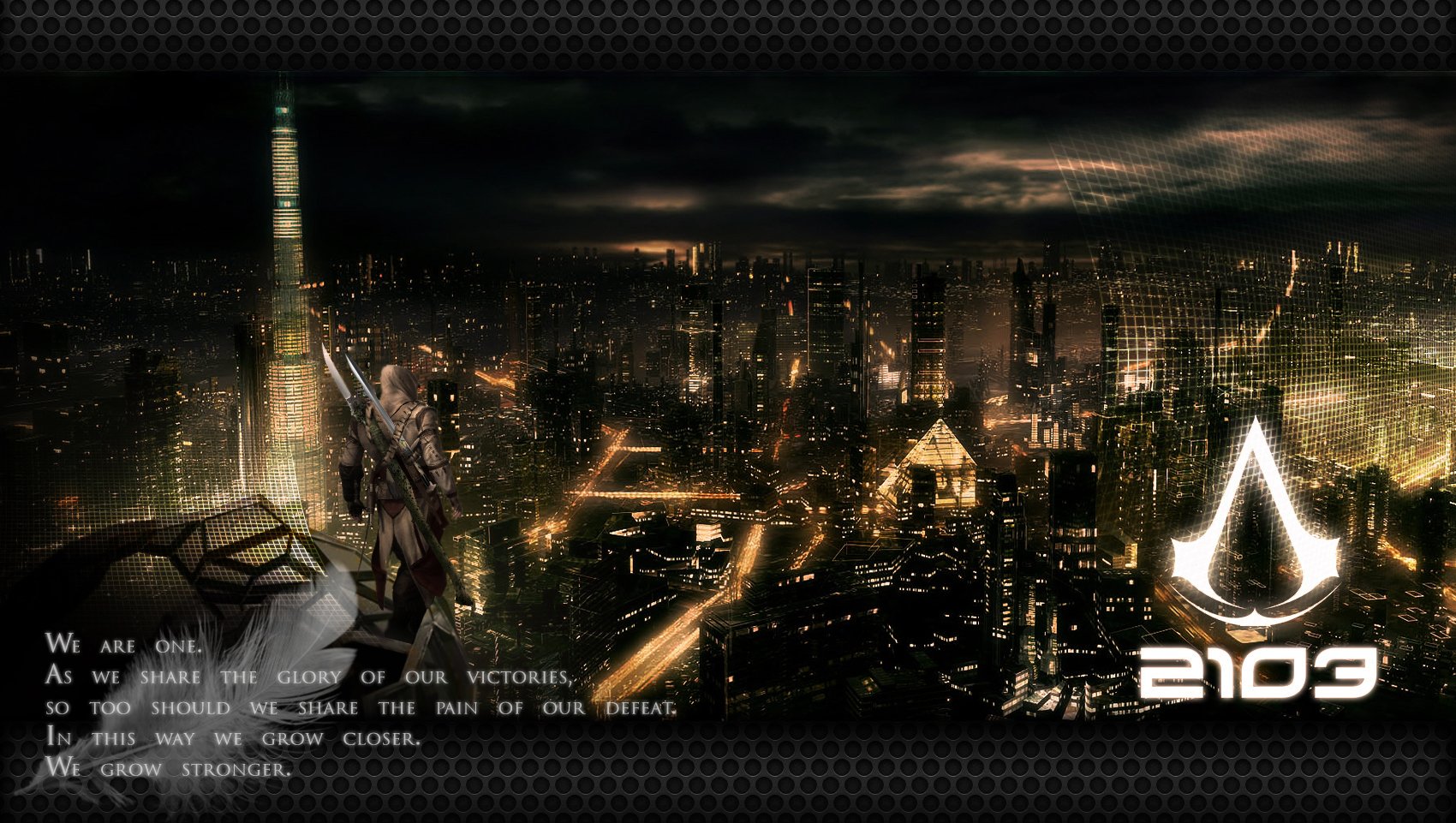 A sleek HD wallpaper featuring a futuristic cityscape from Assassin's Creed, with a mysterious figure overlooking the skyline and the year 2103 prominently displayed.