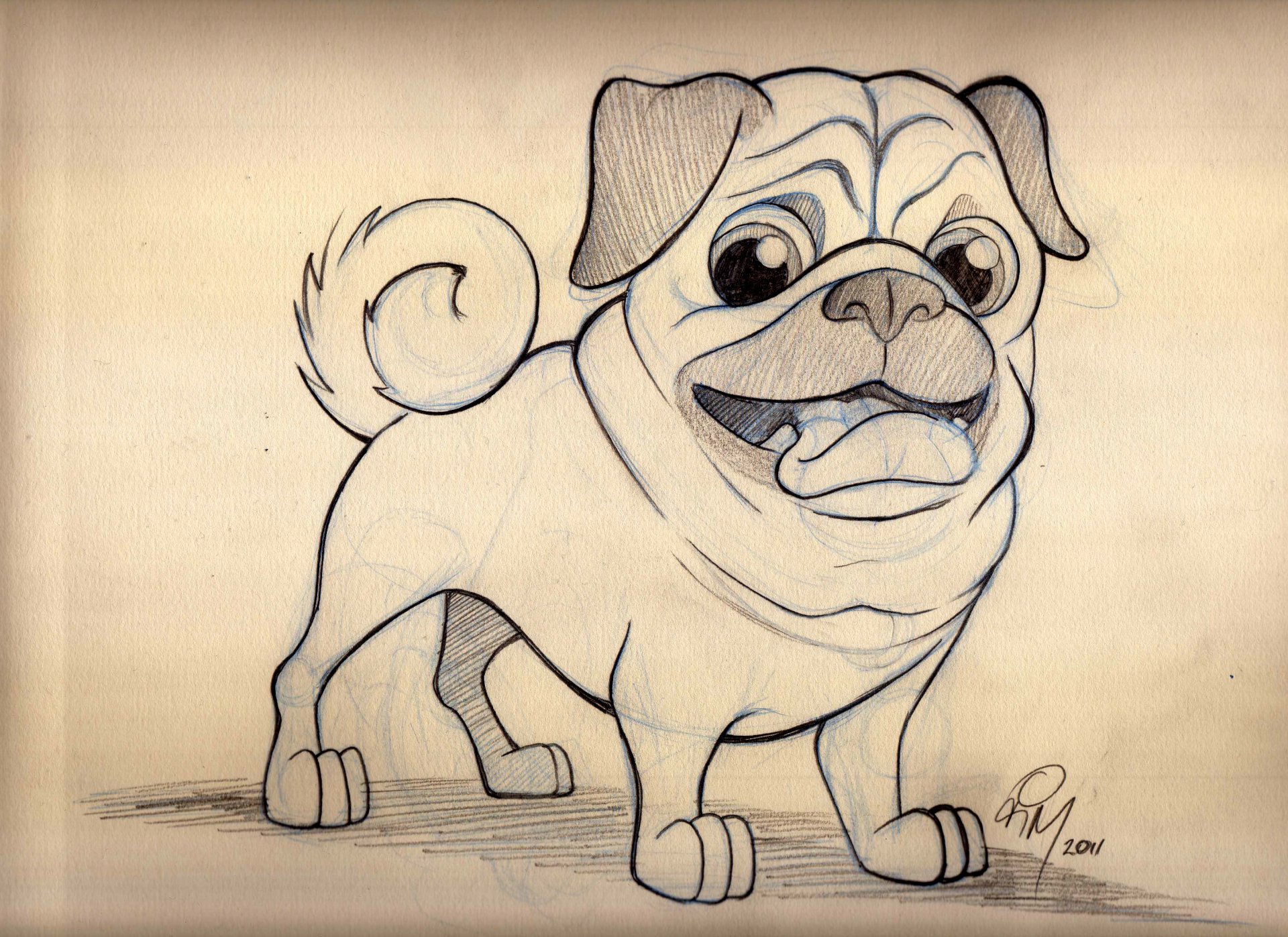 HD desktop wallpaper featuring a hand-drawn sketch of a cheerful pug with expressive eyes and a playful stance.