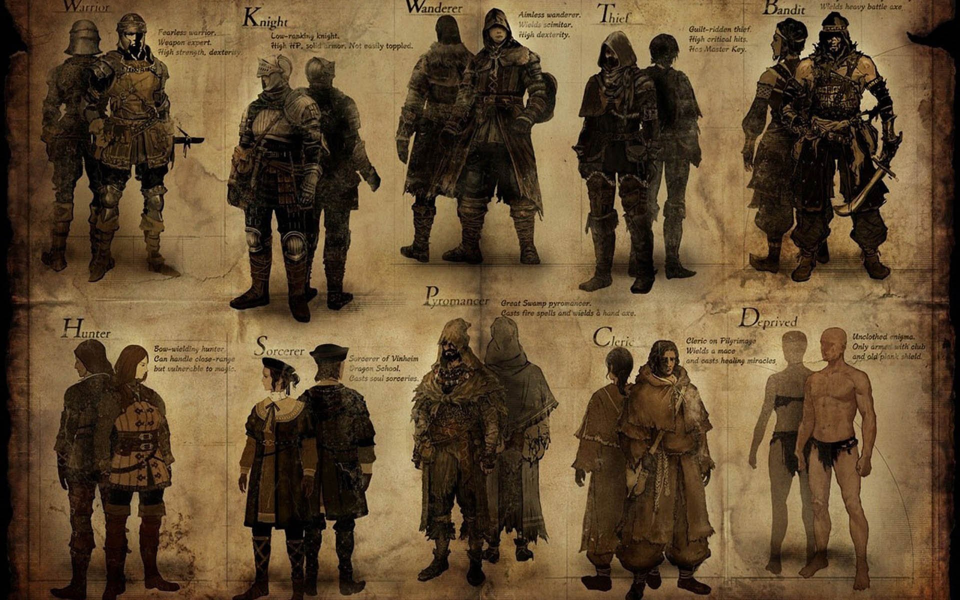 A HD PC desktop wallpaper featuring character designs from the video game Dark Souls, showcasing various classes and their distinctive armor styles against a textured background.