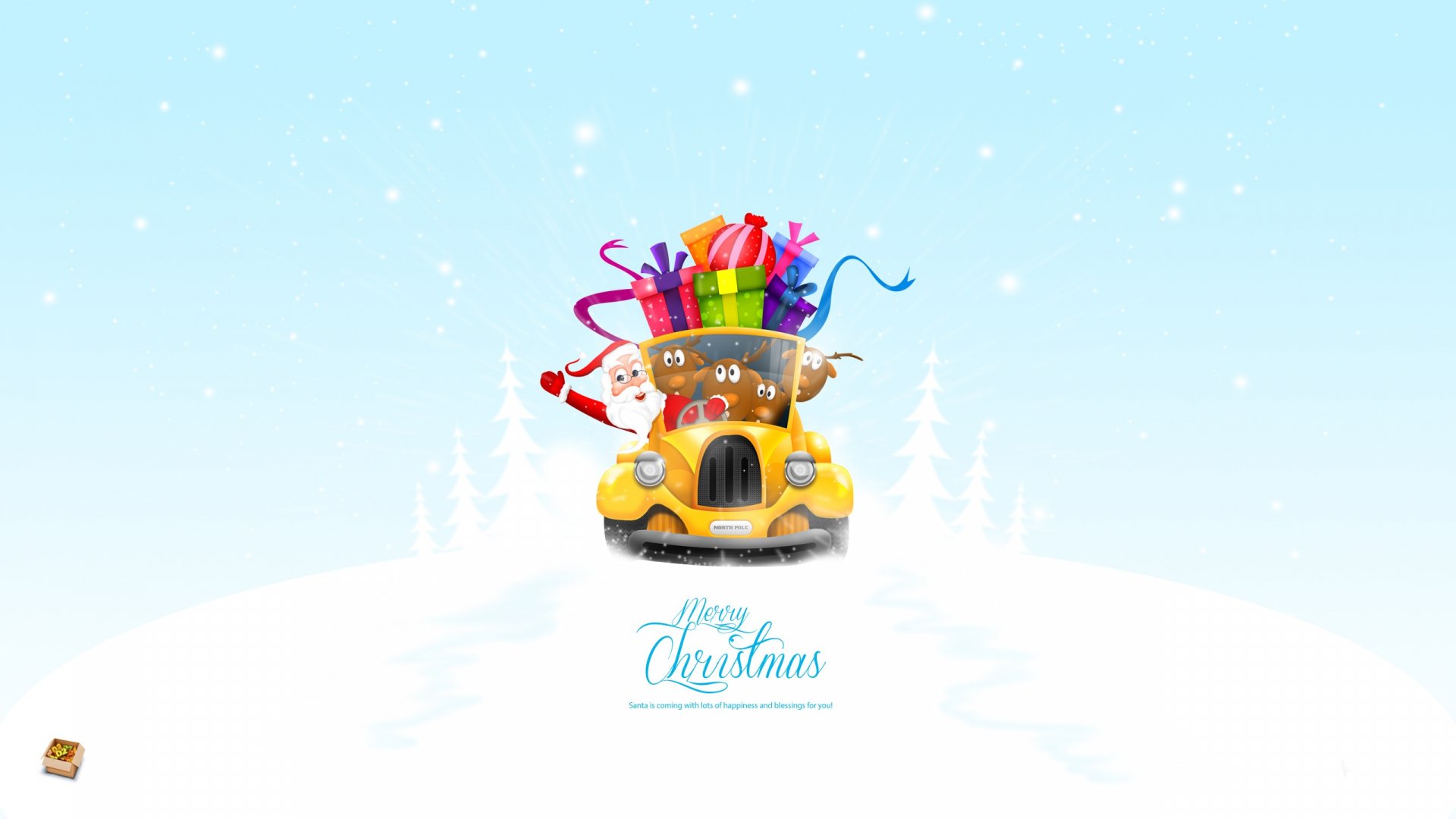 HD Christmas desktop wallpaper featuring a festive yellow car filled with gifts and a reindeer, set against a snowy holiday background with Merry Christmas text.
