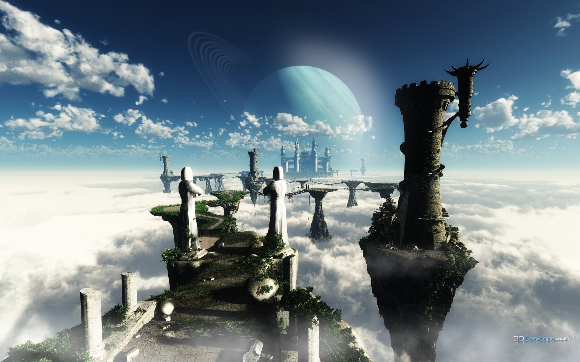 A stunning sci-fi landscape featuring floating islands, ancient ruins, and a distant planet under a vibrant sky, designed as an HD desktop wallpaper and background.
