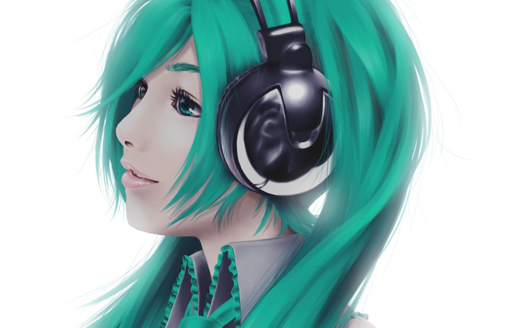 Hatsune Miku (Vocaloid) anime portrait: teal hair and large headphones in a soft profile on a white background — HD PC desktop wallpaper/background.