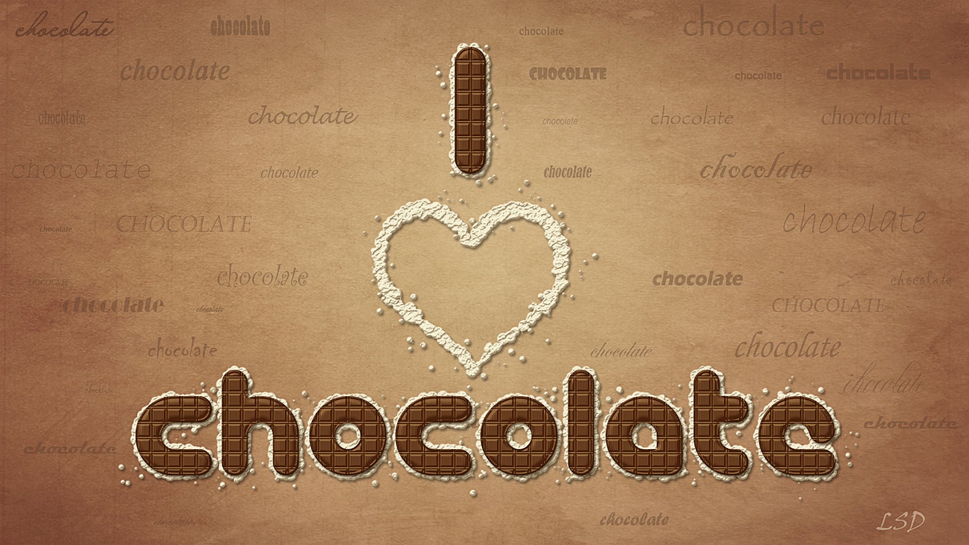 Artistic HD desktop wallpaper featuring the phrase I ♥ chocolate with the heart made of white chocolate pieces and the text styled in chocolate design.
