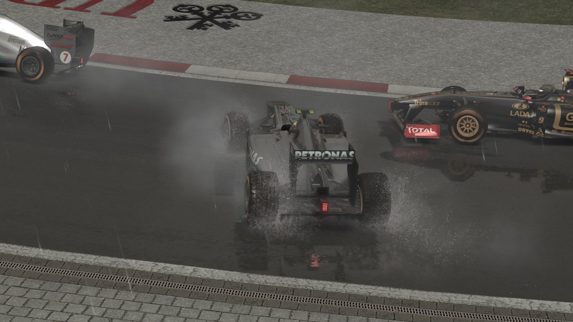 HD wallpaper featuring a dynamic scene from the 2011 F1 season with high-speed racing cars on a wet track.