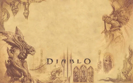 HD desktop wallpaper featuring artistic renditions of Diablo III characters, including Tyrael, with a vintage parchment-like background.