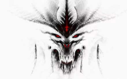HD desktop wallpaper of Diablo from Diablo III, featuring a stylized white and grey demonic face with red eyes.