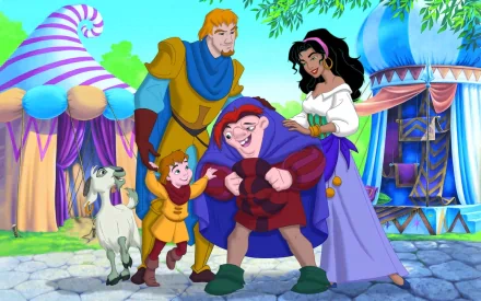 HD PC desktop wallpaper featuring characters from the movie The Hunchback of Notre Dame II in a vibrant, colorful outdoor festival setting.
