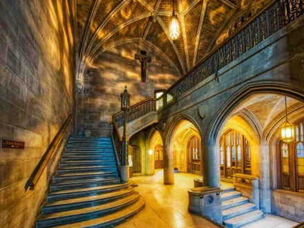 A beautifully lit interior of the Church of Santa Chiara in Naples, Italy, featuring arches, a staircase, and a cross, showcasing its stunning architectural details.