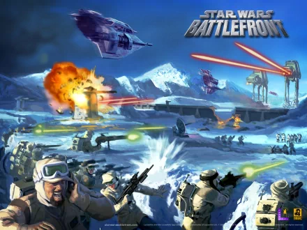 HD wallpaper of Star Wars: Battlefront featuring an intense battle scene with soldiers, explosions, and starships on an icy planet.