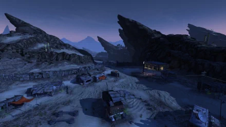 HD desktop wallpaper of Borderlands 2 featuring a nighttime scene of a rugged outpost with mountains in the background.