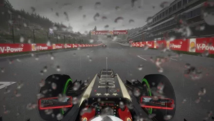 HD desktop wallpaper of a 2012 F1 car racing in the rain, viewed from a driver's perspective on track.