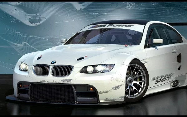 HD PC desktop wallpaper of a white BMW race car from the video game Need for Speed: Shift, shown in a front three-quarter view with racing decals and a stylized motion background.