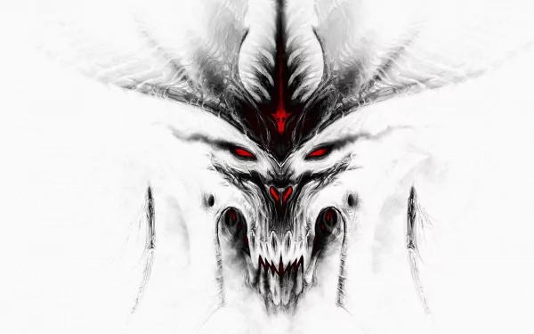 HD desktop wallpaper of Diablo from Diablo III, featuring a stylized white and grey demonic face with red eyes.