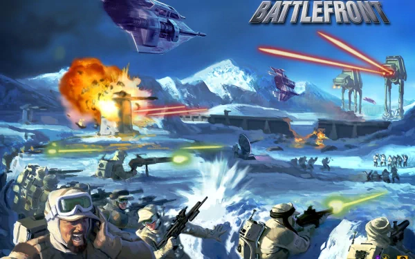 HD wallpaper of Star Wars: Battlefront featuring an intense battle scene with soldiers, explosions, and starships on an icy planet.
