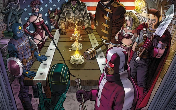 A vivid HD desktop wallpaper featuring characters from Kick-Ass 2, gathered around a table with an American flag backdrop, showcasing a blend of action and camaraderie.