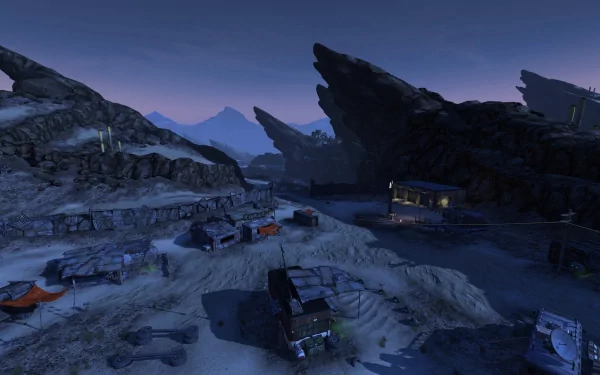 HD desktop wallpaper of Borderlands 2 featuring a nighttime scene of a rugged outpost with mountains in the background.