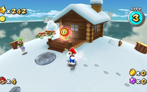 HD desktop wallpaper of Super Mario Galaxy 2 featuring Mario in a snowy landscape near a wooden house with a life meter showing 3.