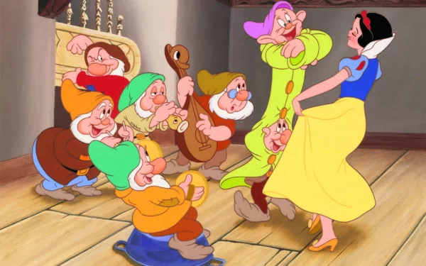 Snow White dances joyfully with the seven dwarfs in this vibrant HD wallpaper, capturing a classic moment from the beloved movie Snow White.