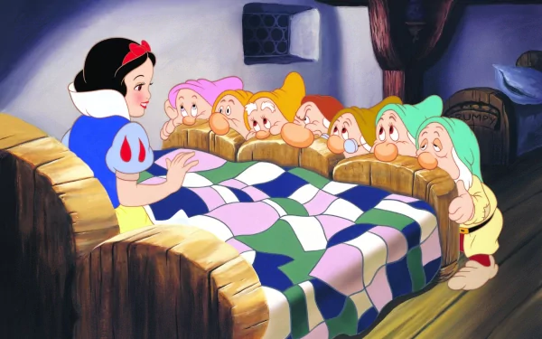 HD desktop wallpaper of Snow White with the seven dwarfs surrounding her bed. The image is bright and detailed, capturing a classic scene from the movie.