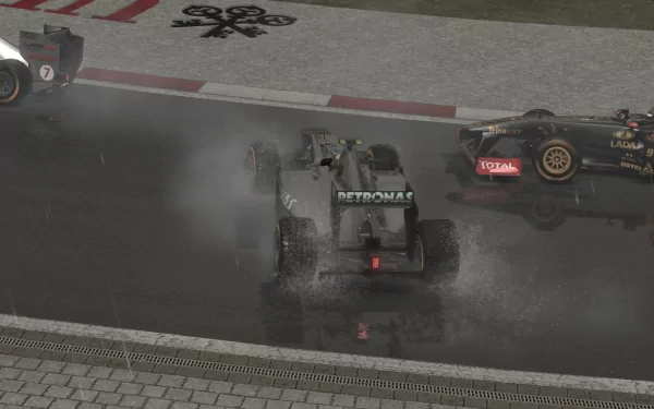 HD wallpaper featuring a dynamic scene from the 2011 F1 season with high-speed racing cars on a wet track.