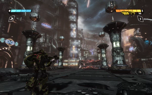 HD desktop wallpaper of Transformers: War for Cybertron, featuring a robot amidst a dystopian cityscape background.