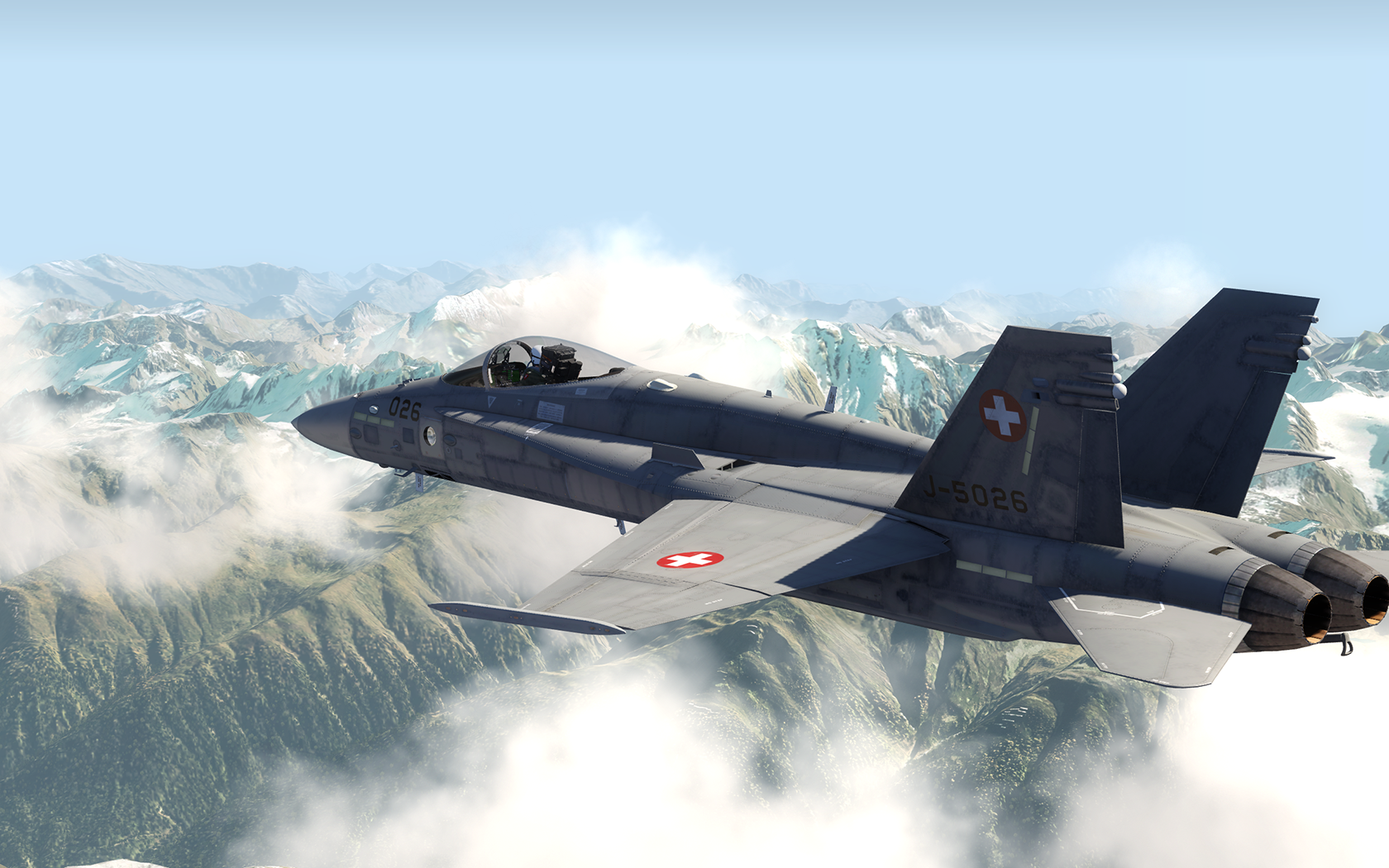 HD desktop wallpaper from Aerofly FS featuring a fighter jet soaring over mountainous terrain.
