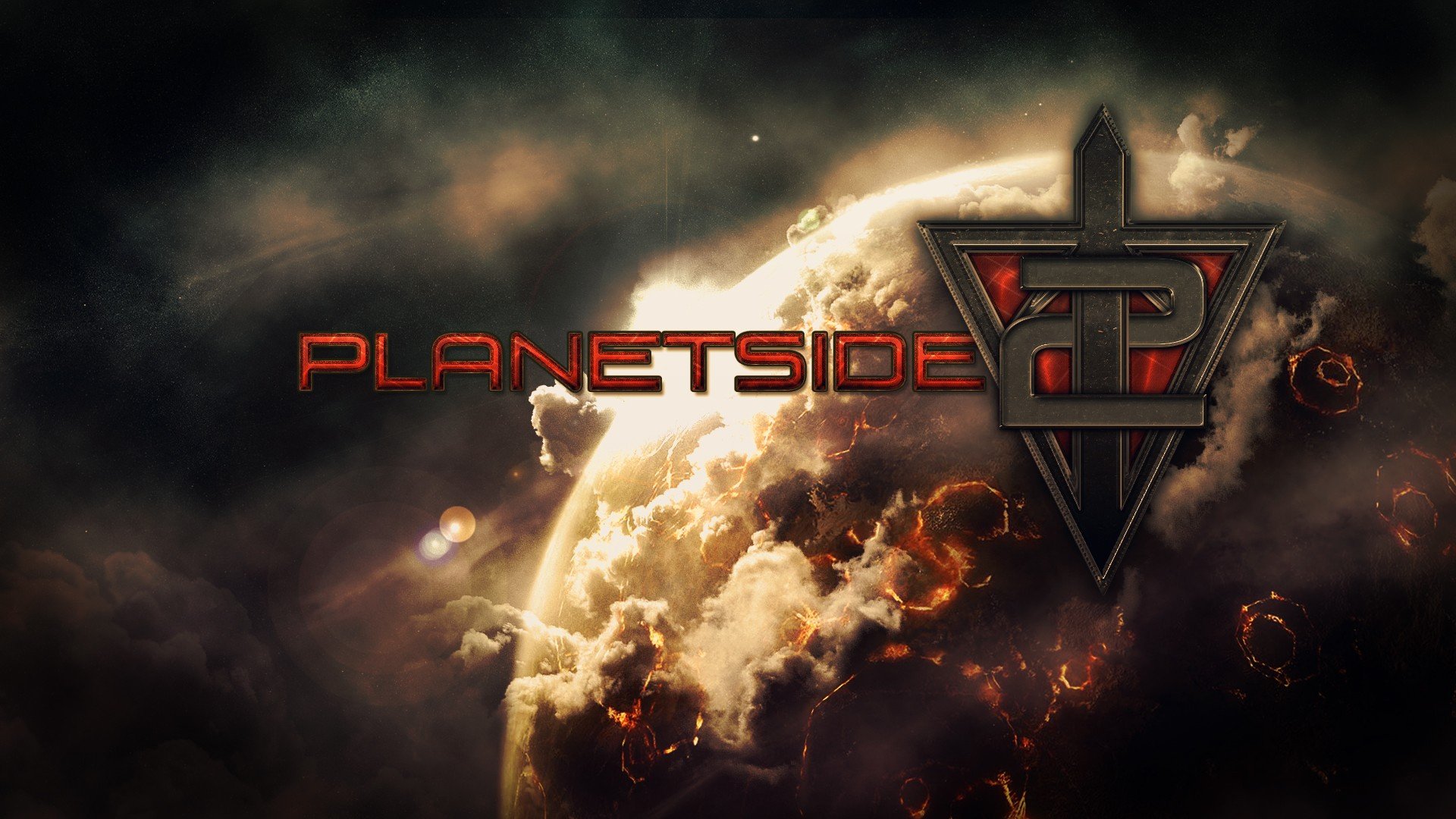 HD desktop wallpaper featuring the PlanetSide 2 logo set against a dramatic cosmic backdrop with fiery planets and nebulous clouds.