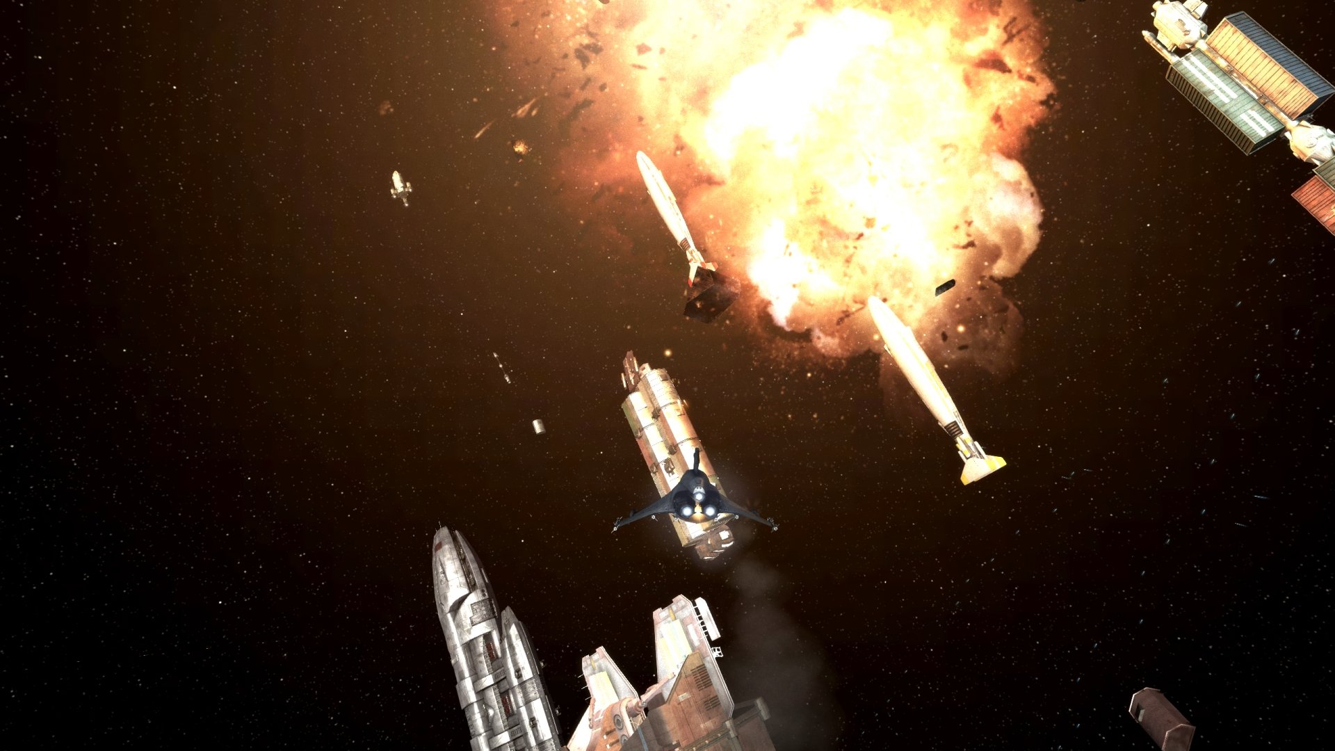HD wallpaper of a dramatic space scene with spaceships and an explosion, symbolizing diaspora.