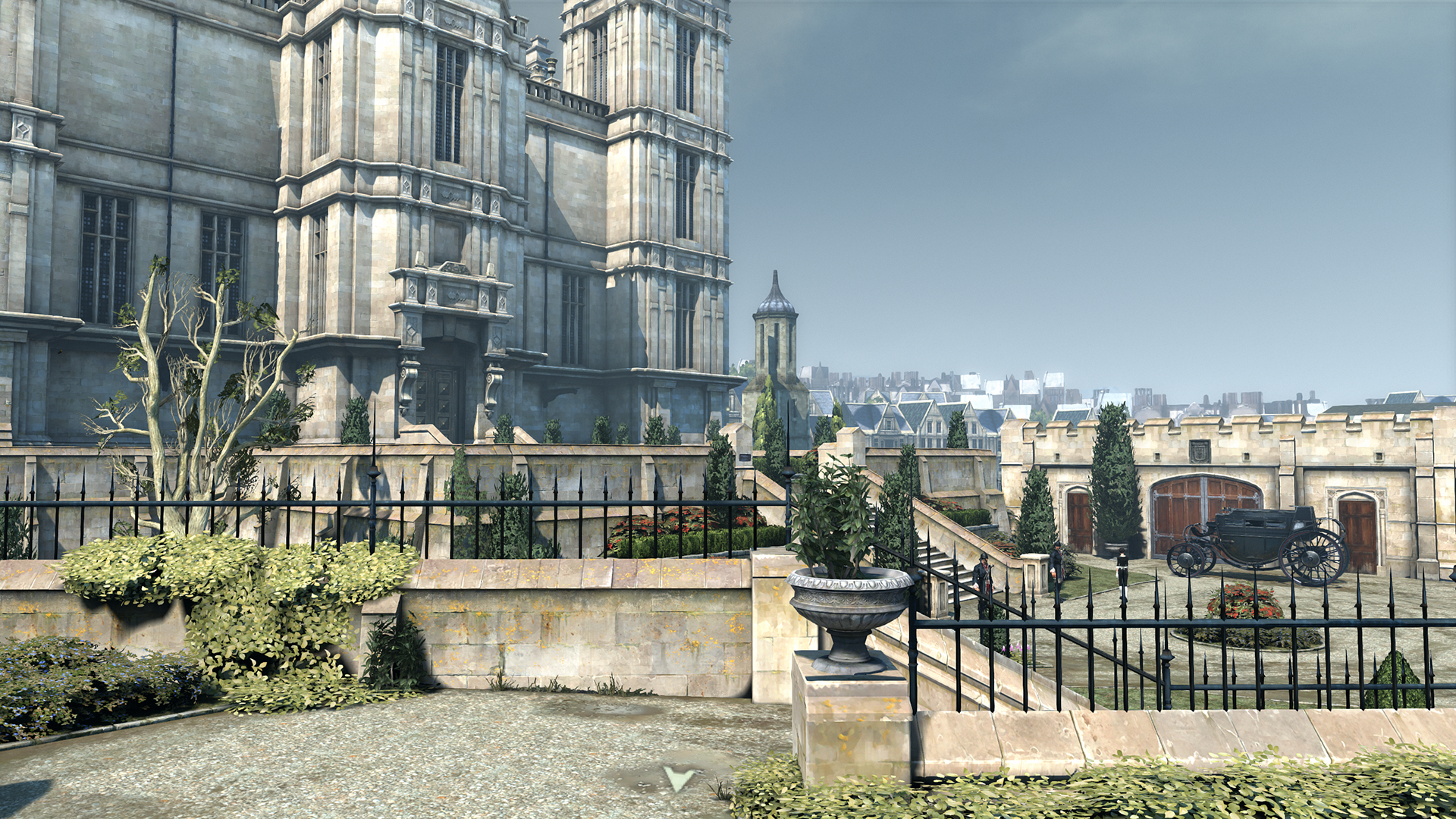 HD Dishonored game wallpaper featuring a bright, sunny cityscape with historical architecture and lush greenery.