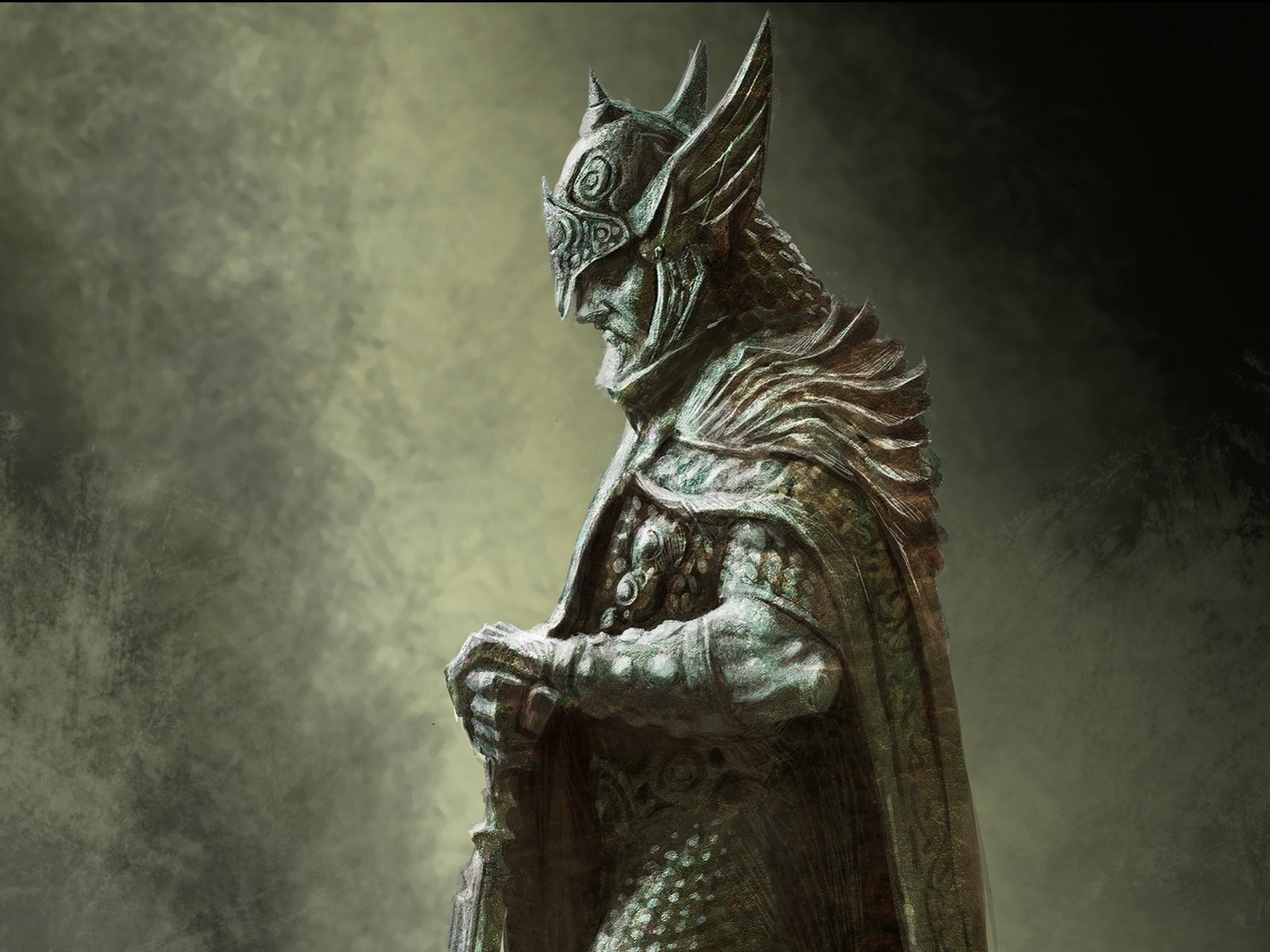 HD fantasy warrior in detailed armor and helmet, standing solemnly against a dark, textured background; a striking fantasy-themed PC desktop wallpaper.