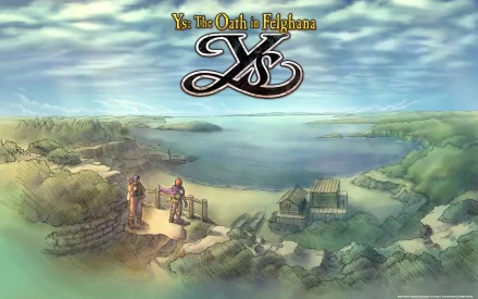 HD desktop wallpaper of Ys: The Oath in Felghana featuring the game's logo over an illustrated landscape with characters observing the sea.