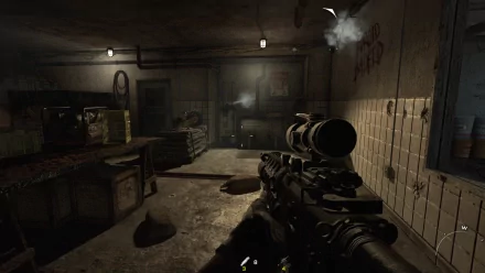 HD desktop wallpaper from Call of Duty: Modern Warfare 3 showcasing a first-person view inside a dimly lit in-game room with a sniper rifle.