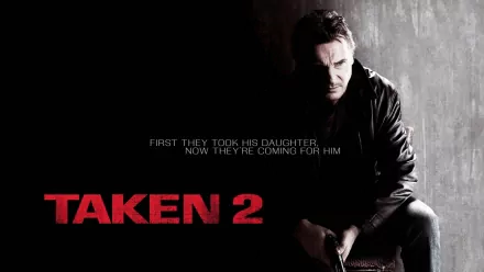 HD PC desktop wallpaper: Taken 2 movie poster showing a stern, armed male lead in shadow, bold red title text and a small tagline on a dark background.
