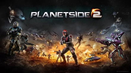 HD desktop wallpaper featuring a Planetside 2 battle scene with soldiers and futuristic vehicles ready for action.
