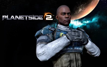 HD desktop wallpaper featuring a Planetside 2 soldier with a cosmic backdrop.