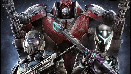 HD desktop wallpaper of Planetside 2 featuring armored characters with futuristic weapons against a cosmic backdrop.