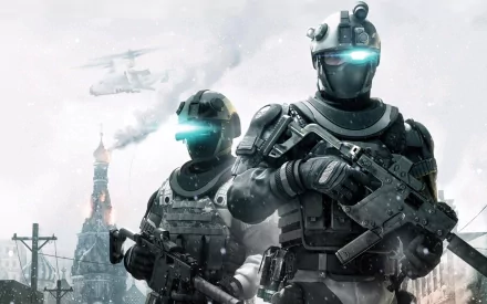 HD PC desktop wallpaper featuring two futuristic soldiers in tactical gear with glowing visors from the video game Tom Clancy's Ghost Recon: Future Soldier.