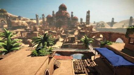 HD desktop wallpaper of a Chivalry: Medieval Warfare game scenery, featuring a sunlit ancient town with palm trees and architecture.